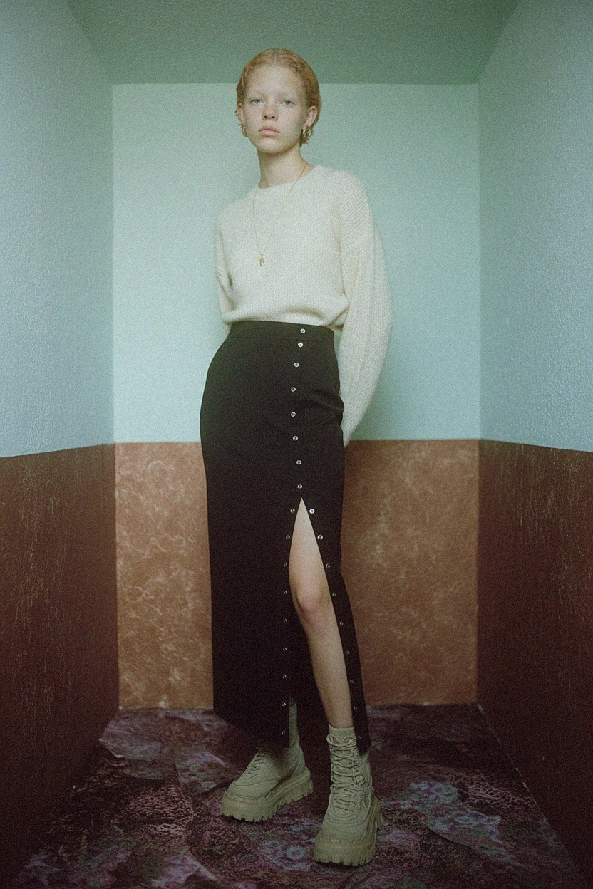 Black Maxi Skirt with Side Snap Button Slit photo 3