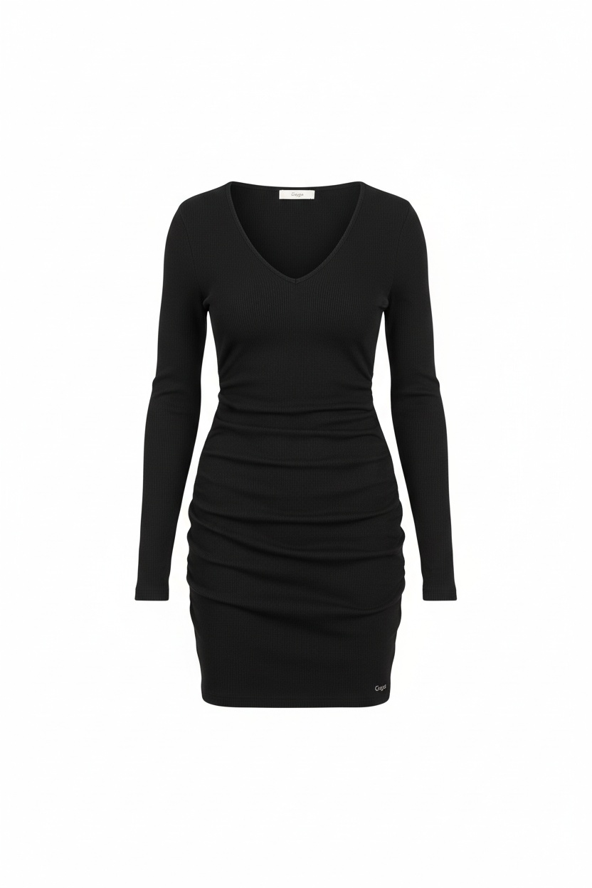 Elegant Black Ribbed Long Sleeve Mini Dress photo 1