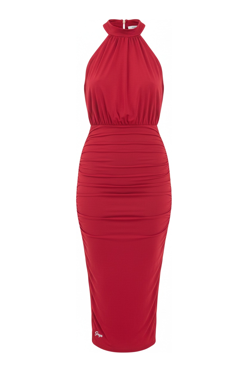 Red Halter Neck Ruched Midi Dress photo 1