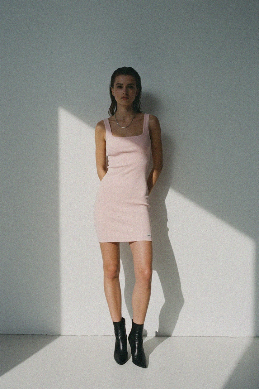 Pink Ribbed Square Neck Mini Dress photo 2