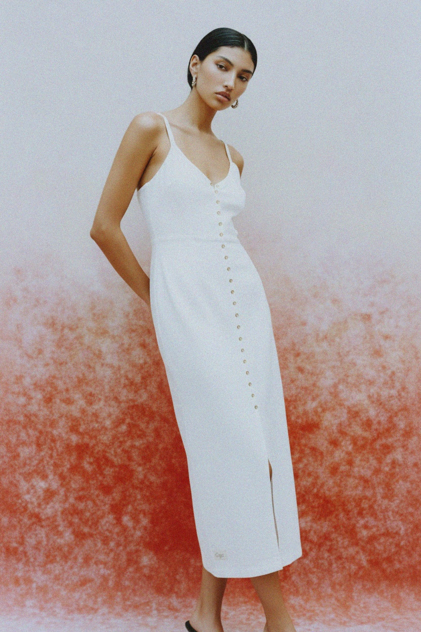 White Sleeveless Button-Down Midi Dress photo 3