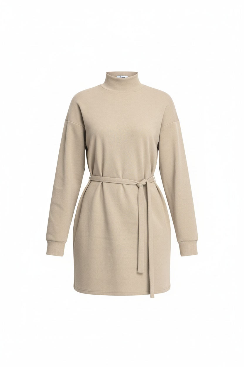 Beige Ribbed Knit Mini Dress with Tie Belt photo 1