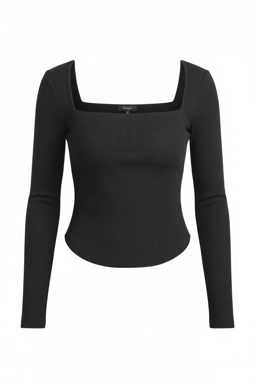 Black Ribbed Square Neck Long Sleeve Top photo 1
