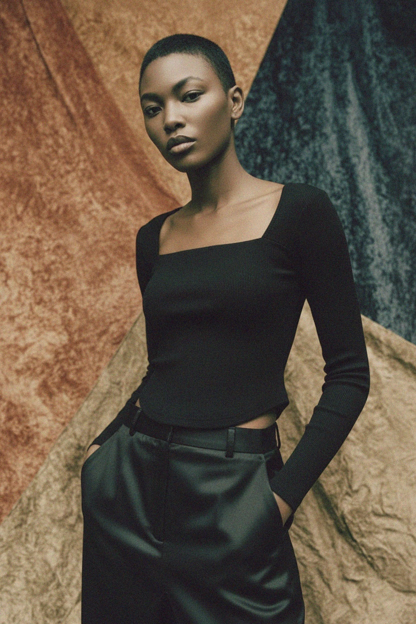 Black Ribbed Square Neck Long Sleeve Top photo 3