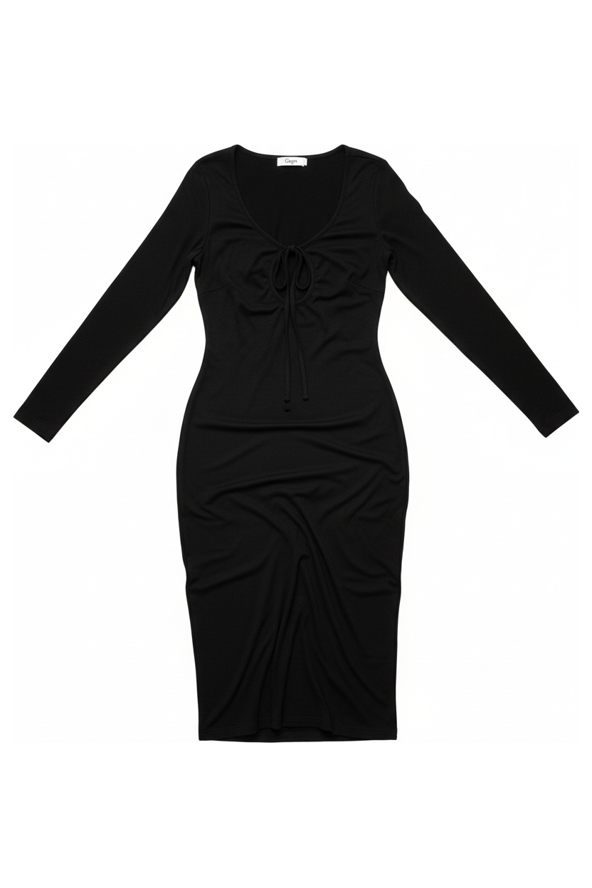 Black Long Sleeve Midi Dress with Tie Front Keyhole photo 1