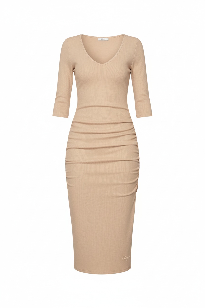 Beige Ribbed V-Neck Midi Dress photo 1