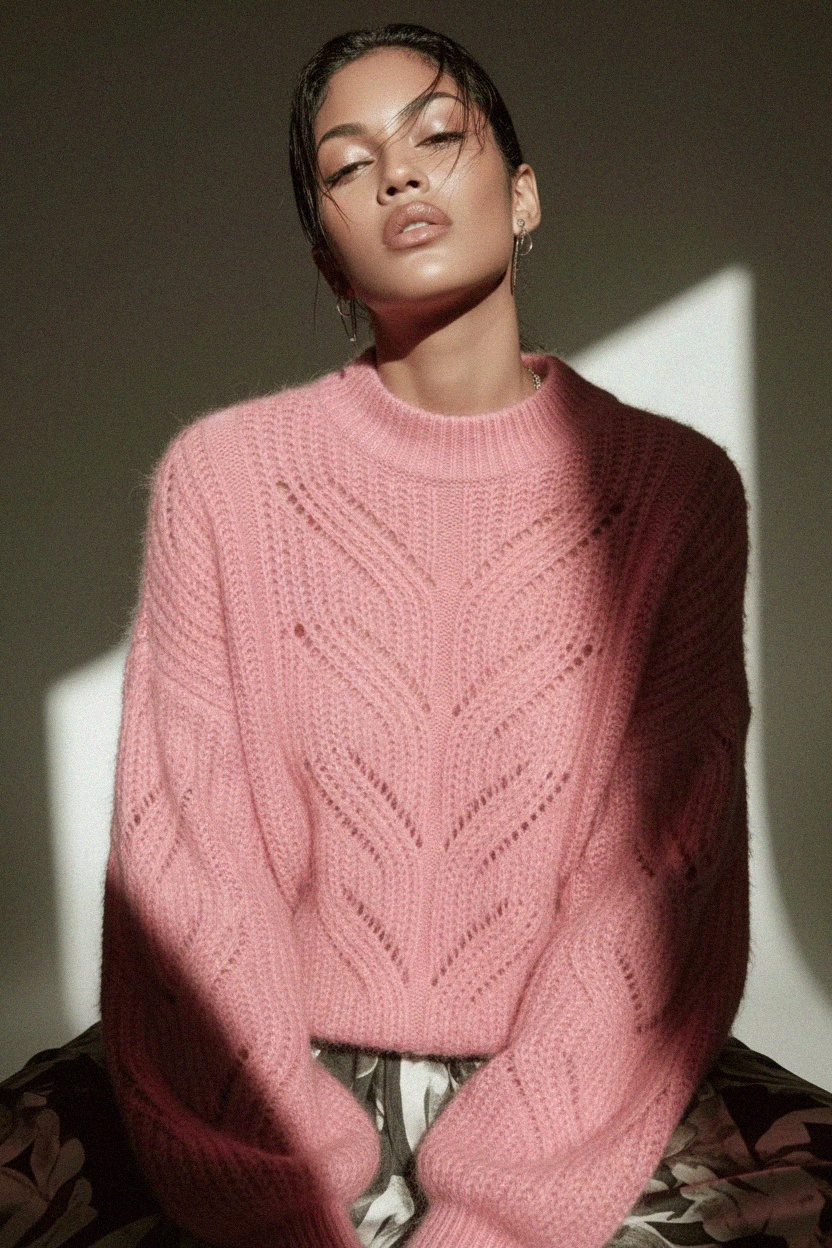 Pink Open-Knit Oversized Sweater photo 3