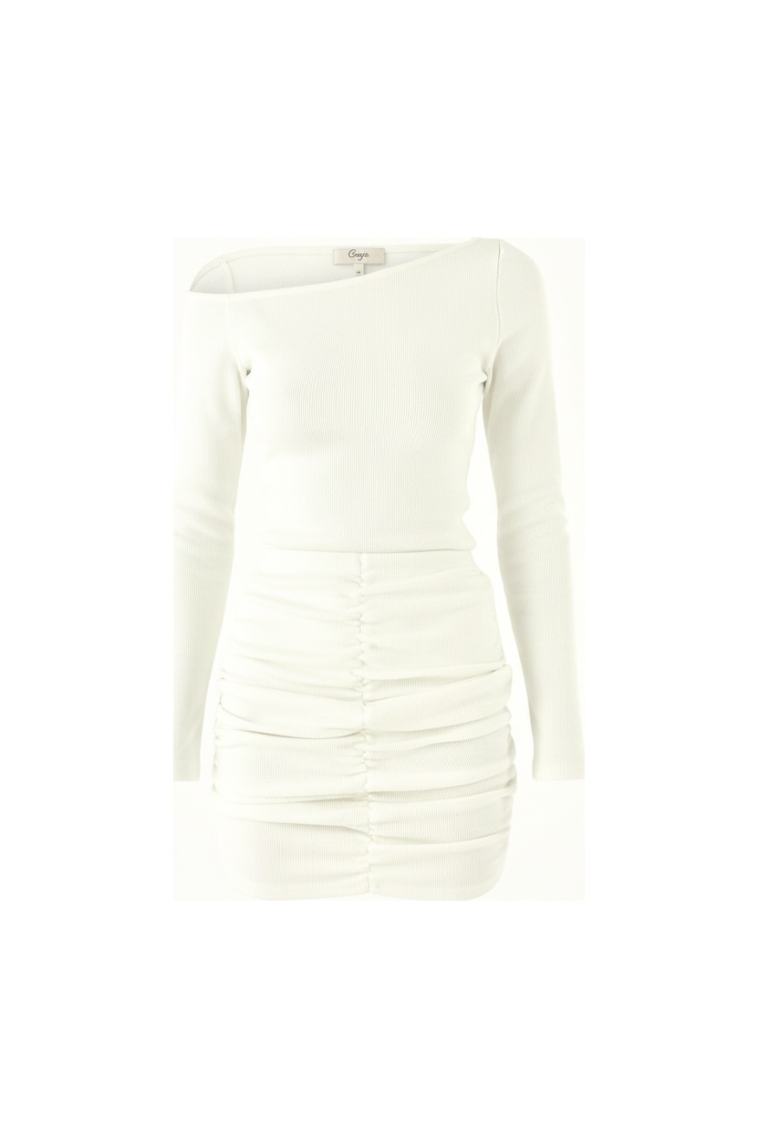 White Ribbed Ruched Off-Shoulder Mini Dress photo 1
