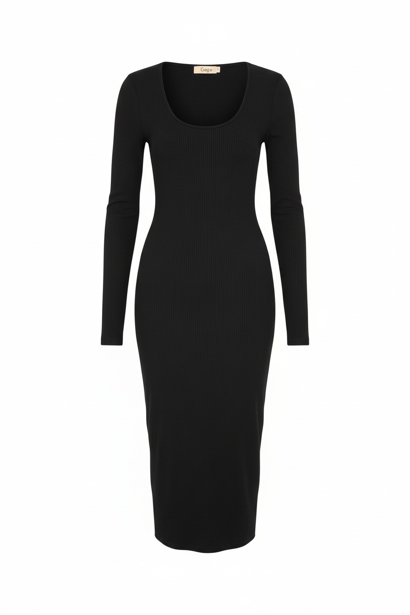 Black Ribbed Long Sleeve Scoop Neck Midi Dress photo 1