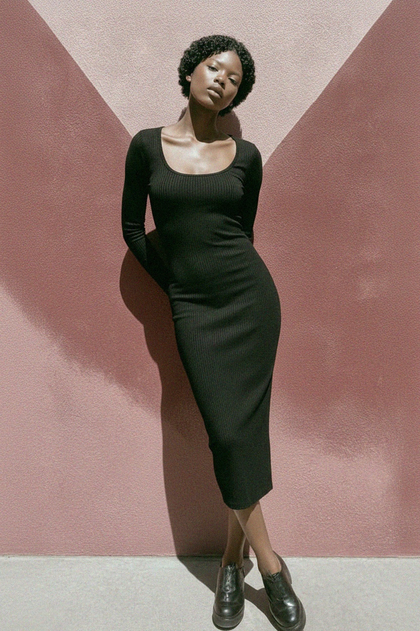 Black Ribbed Long Sleeve Scoop Neck Midi Dress photo 3