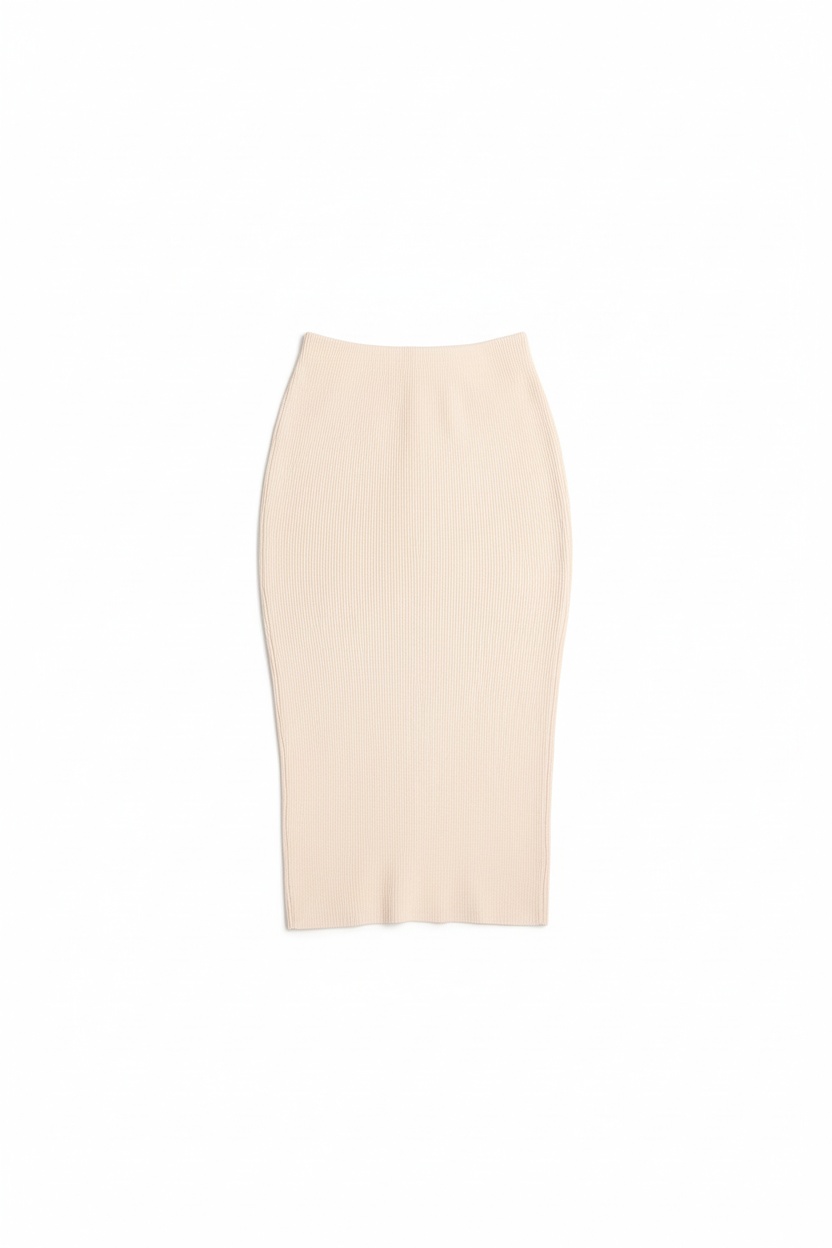 Beige Ribbed Knit Bodycon Midi Skirt photo 1