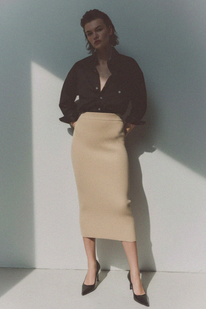 Beige Ribbed Knit Bodycon Midi Skirt photo 2