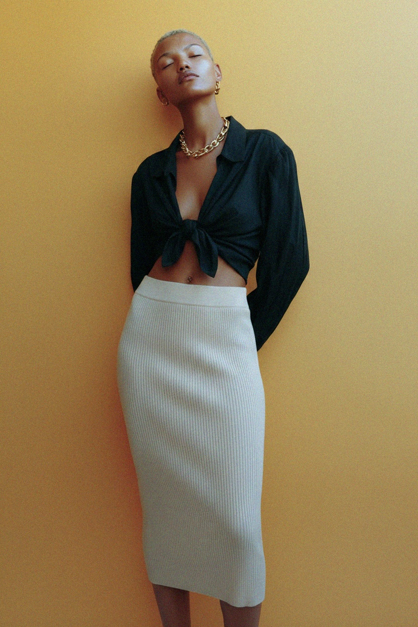 Beige Ribbed Knit Bodycon Midi Skirt photo 3