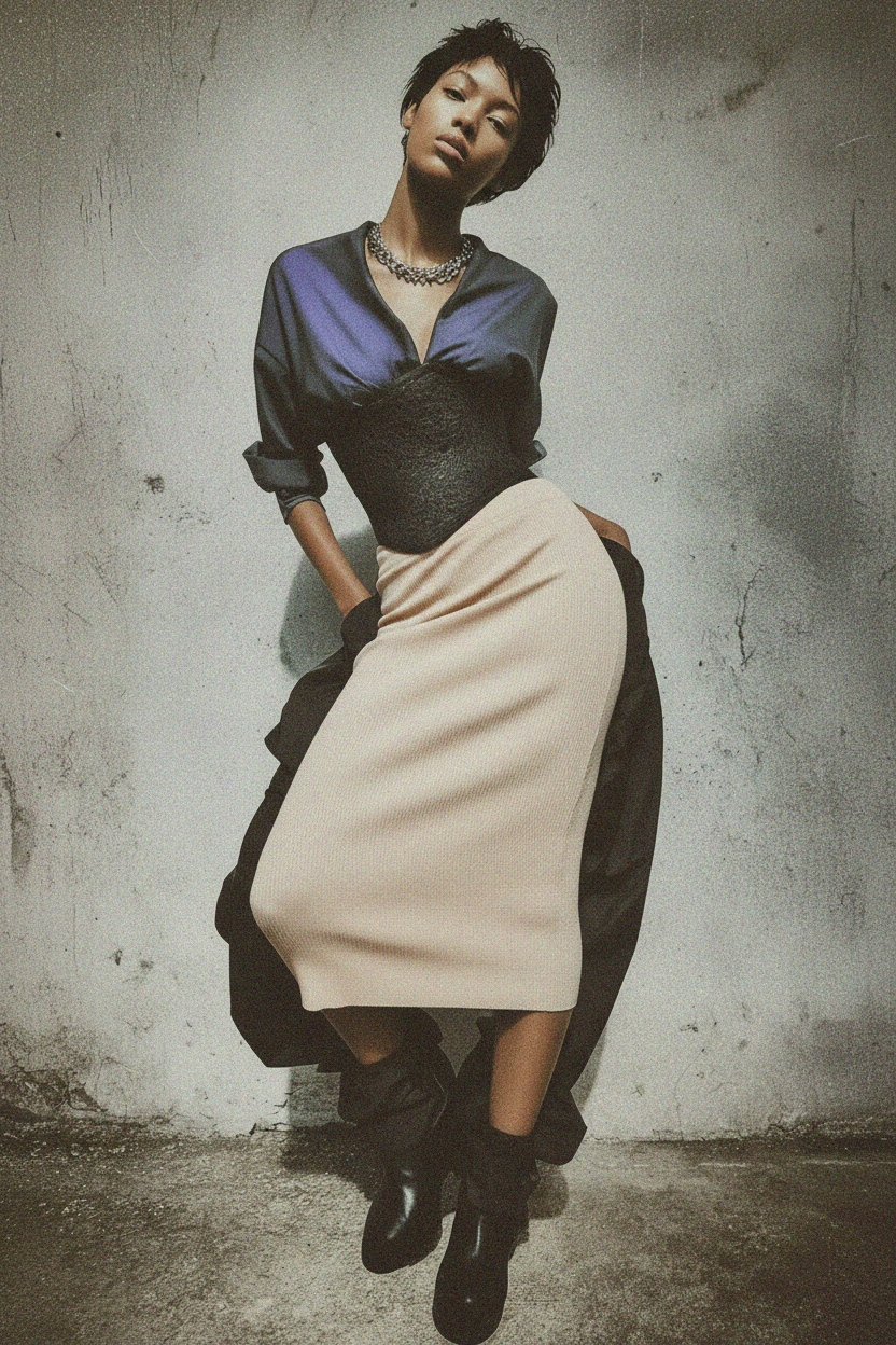 Beige Ribbed Knit Bodycon Midi Skirt photo 3