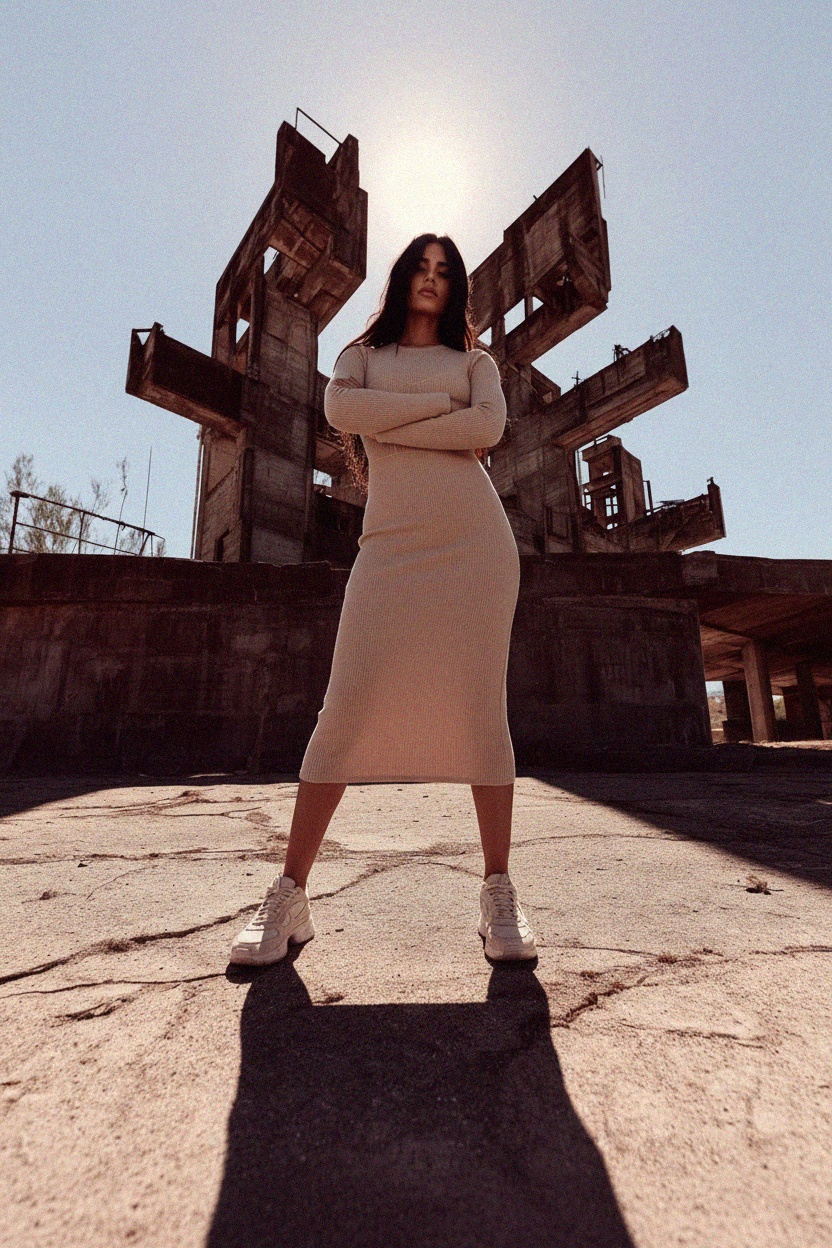 Long Sleeve Beige Ribbed Knit Midi Dress photo 2