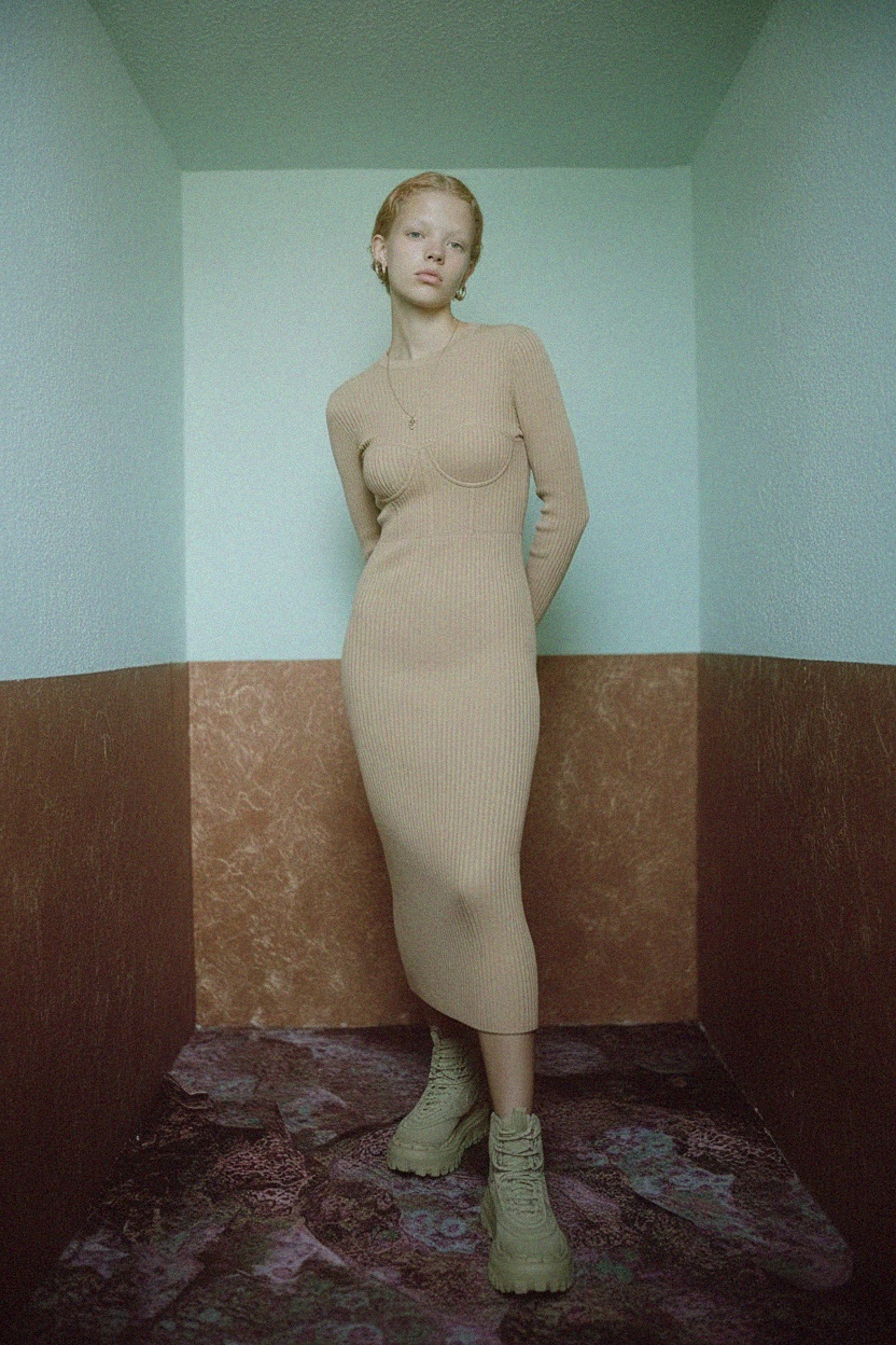 Long Sleeve Beige Ribbed Knit Midi Dress photo 3