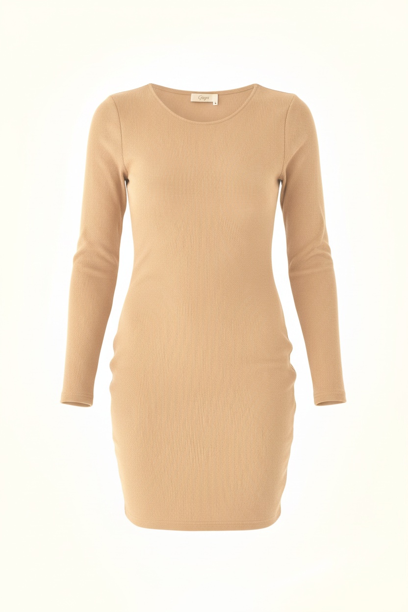 Beige Ribbed Long Sleeve Mini Dress photo 1