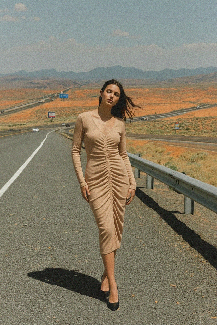 Beige Long Sleeve Ruched Bodycon Midi Dress photo 2