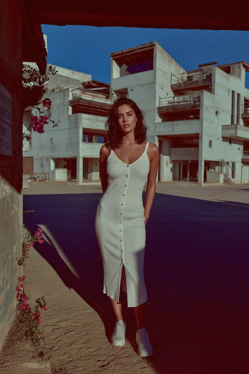 White Ribbed Button-Front Midi Dress photo 2