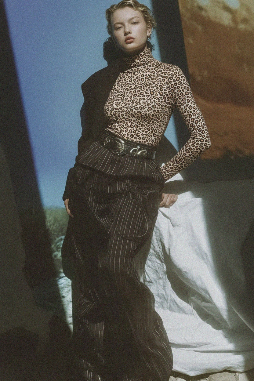 Chic Leopard Print Fitted Turtleneck Top photo 3