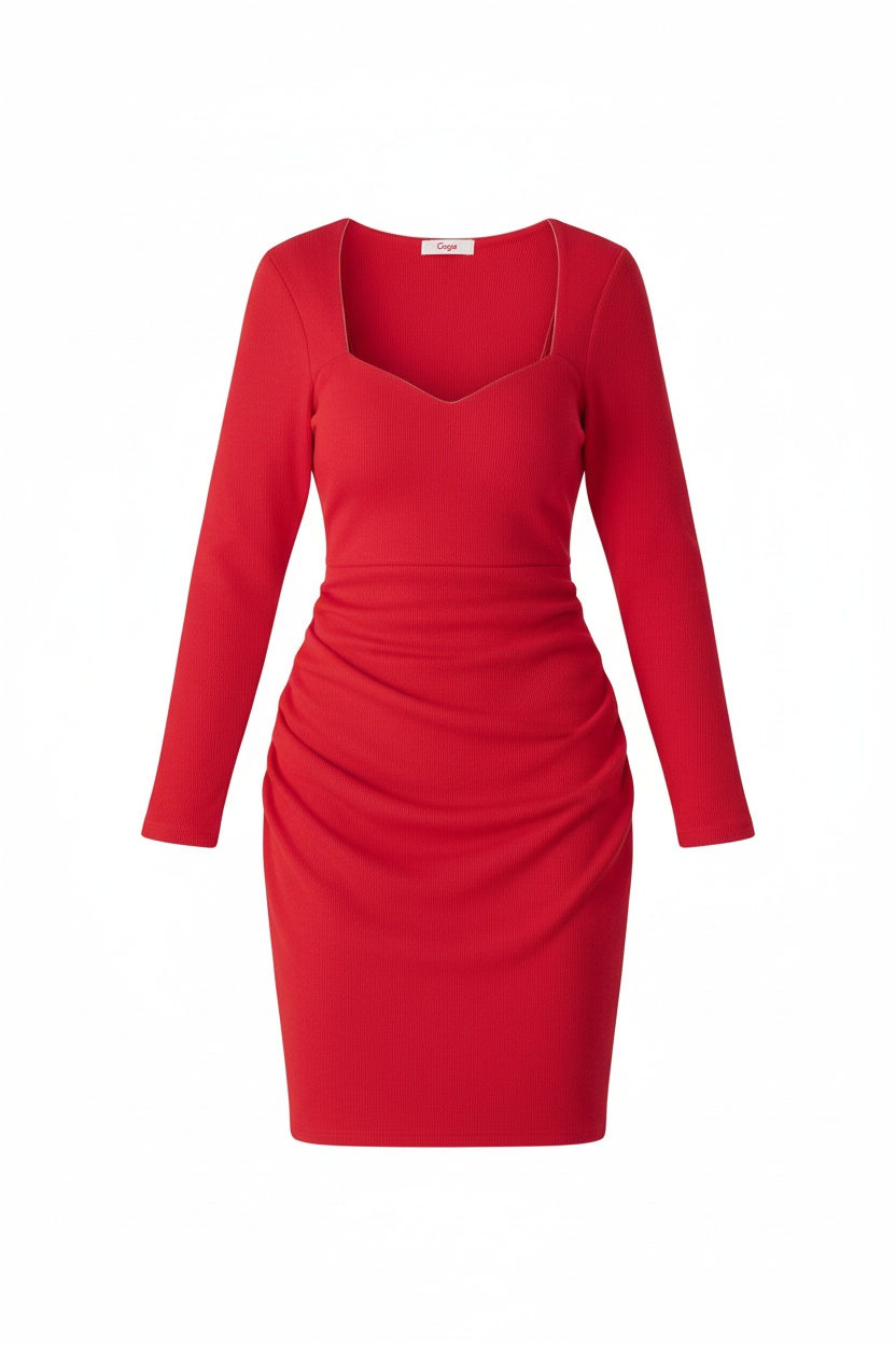 Red Ribbed Long-Sleeve Sweetheart Neckline Dress photo 1