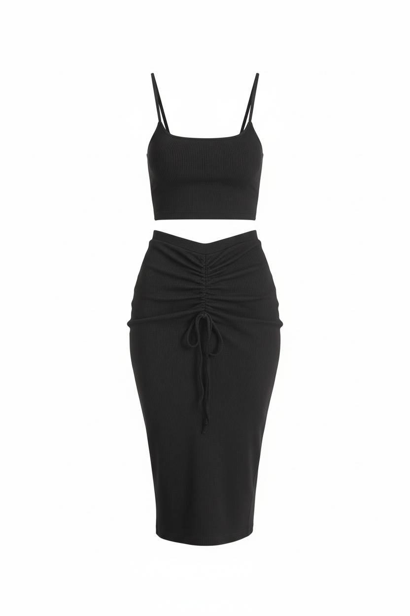 Black Ribbed Knit Crop Top and Ruched Midi Skirt Set photo 1