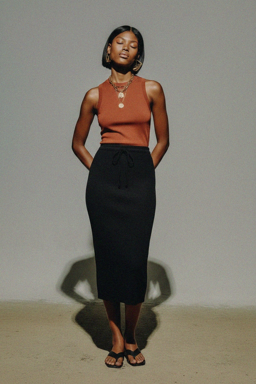 Black Ribbed Drawstring Midi Skirt photo 3