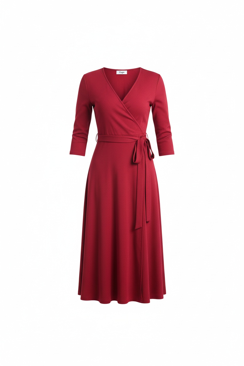 Elegant Red Wrap Midi Dress photo 1