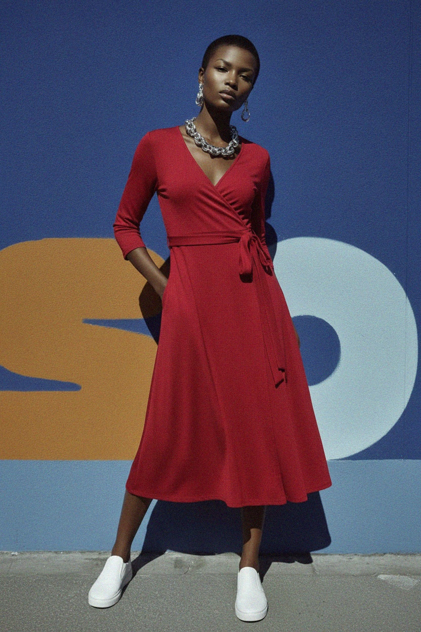 Elegant Red Wrap Midi Dress photo 2