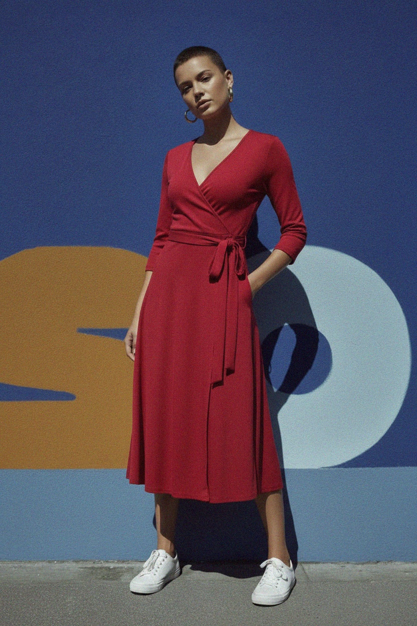 Elegant Red Wrap Midi Dress photo 3