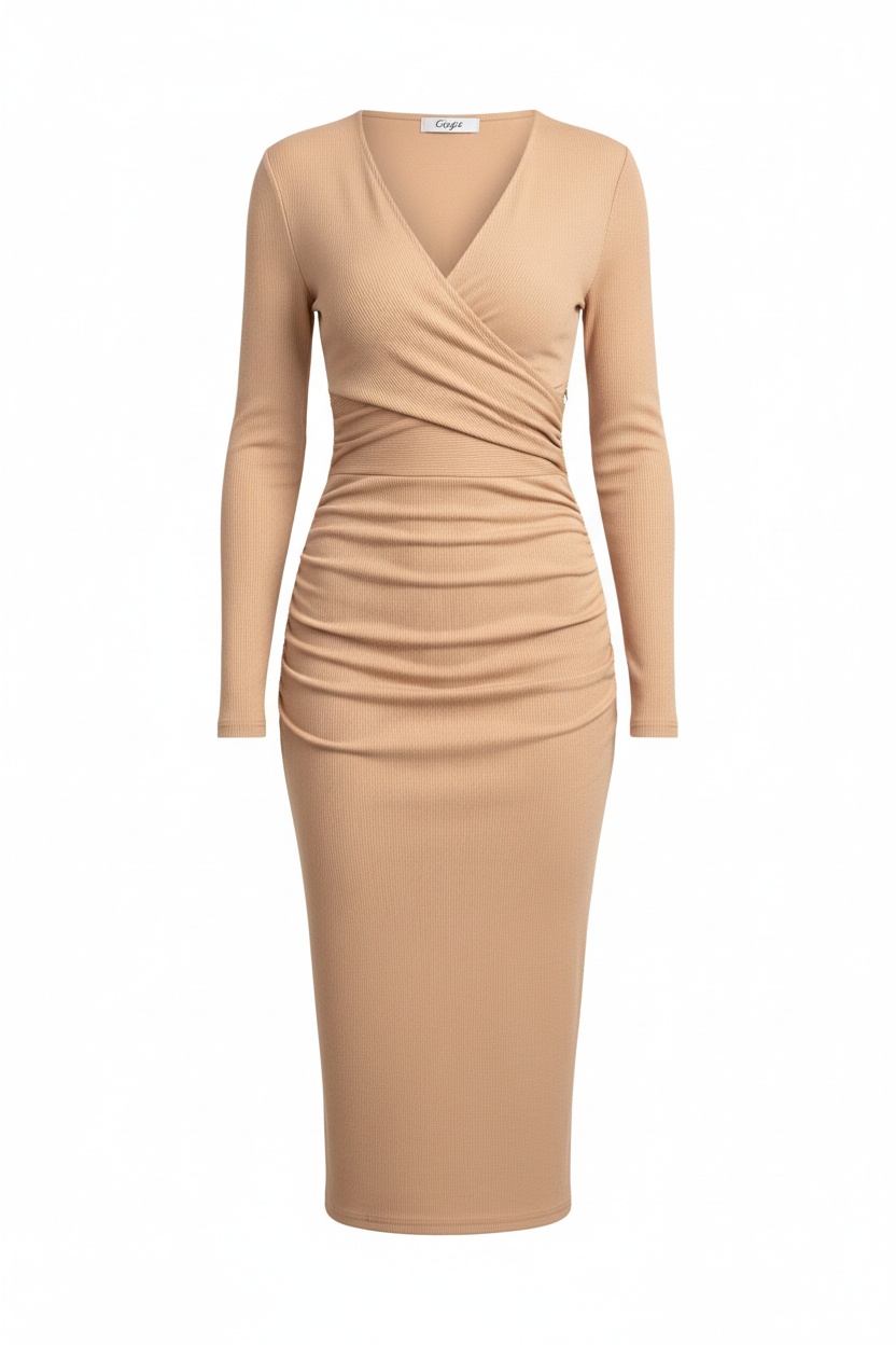 Elegant Ribbed V-Neck Long Sleeve Midi Dress photo 1