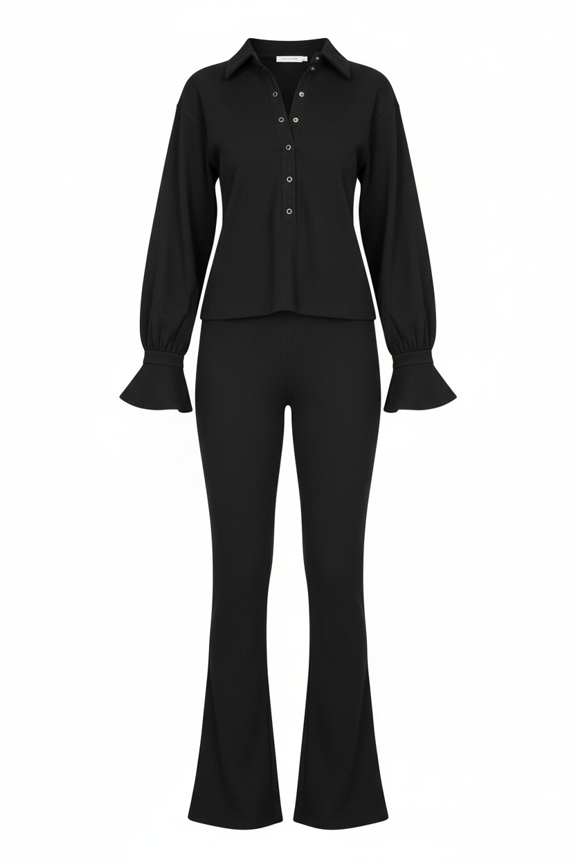 Black Ribbed Knit Henley Top & Pants Set photo 1