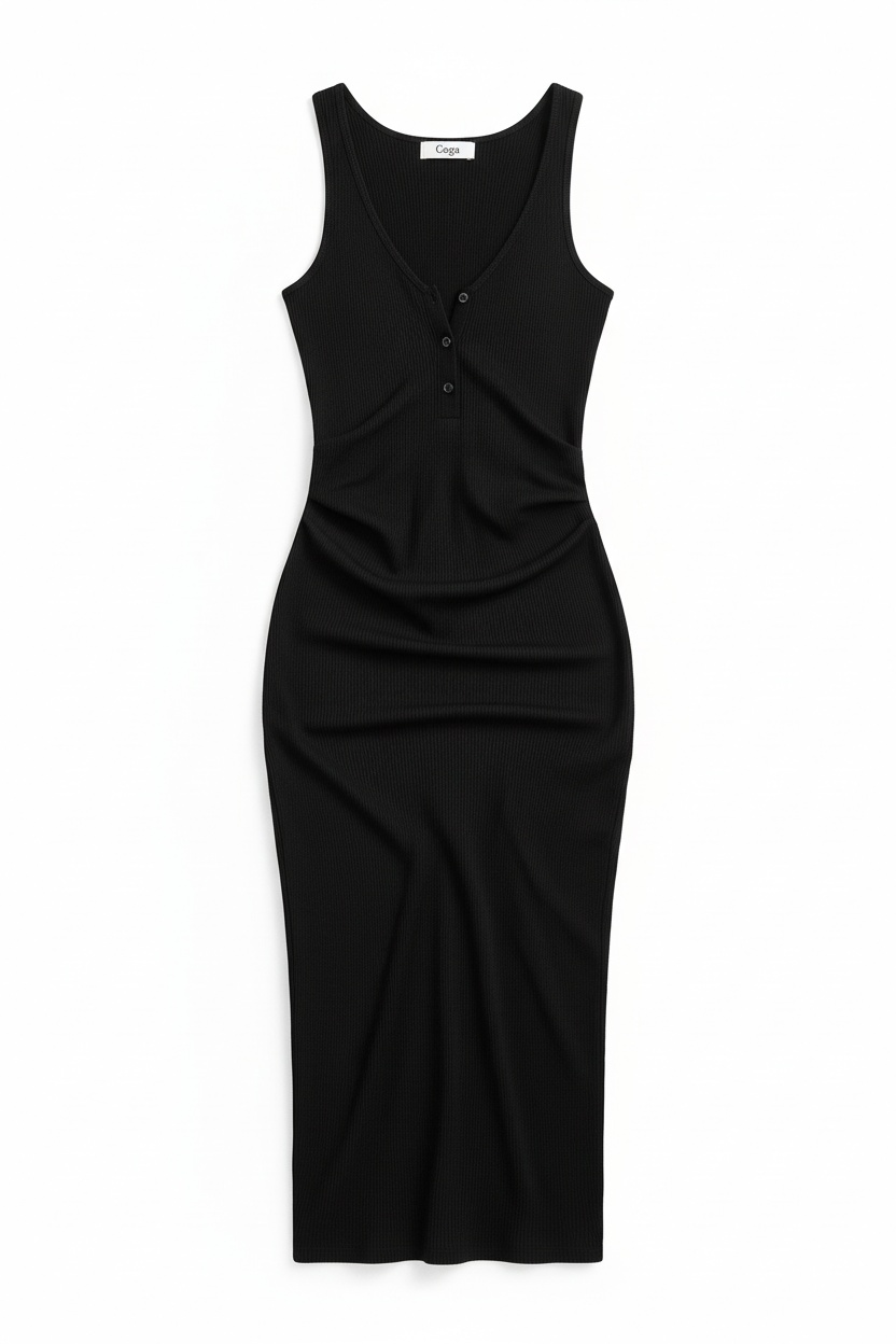 Sleek Black Ribbed Button-Front Midi Dress photo 1