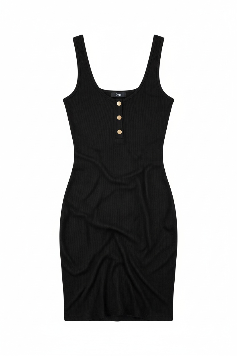 Fitted Black Mini Dress with Button Detail photo 1