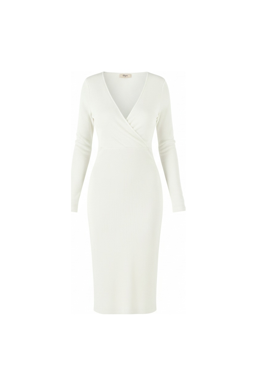 White Ribbed Knit Midi Dress with V-Neck photo 1