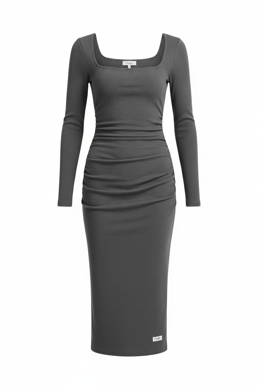 Elegant Grey Ribbed Square Neck Midi Dress photo 1