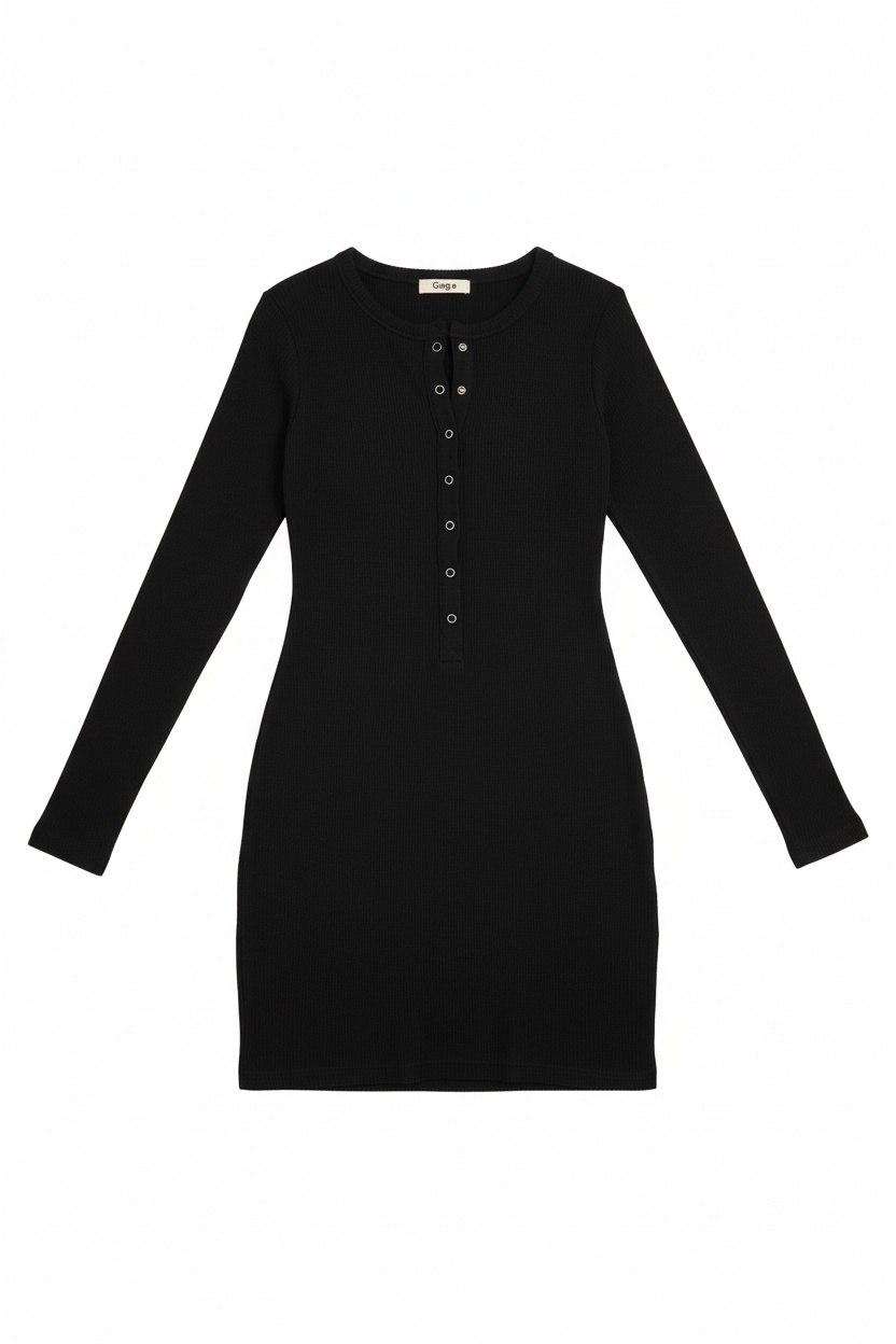 Black Ribbed Long Sleeve Mini Dress photo 1