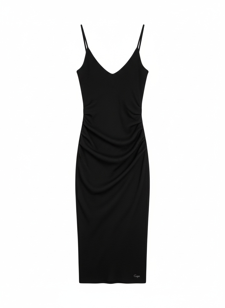 Sleek Ribbed V-Neck Midi Dress - Black photo 1