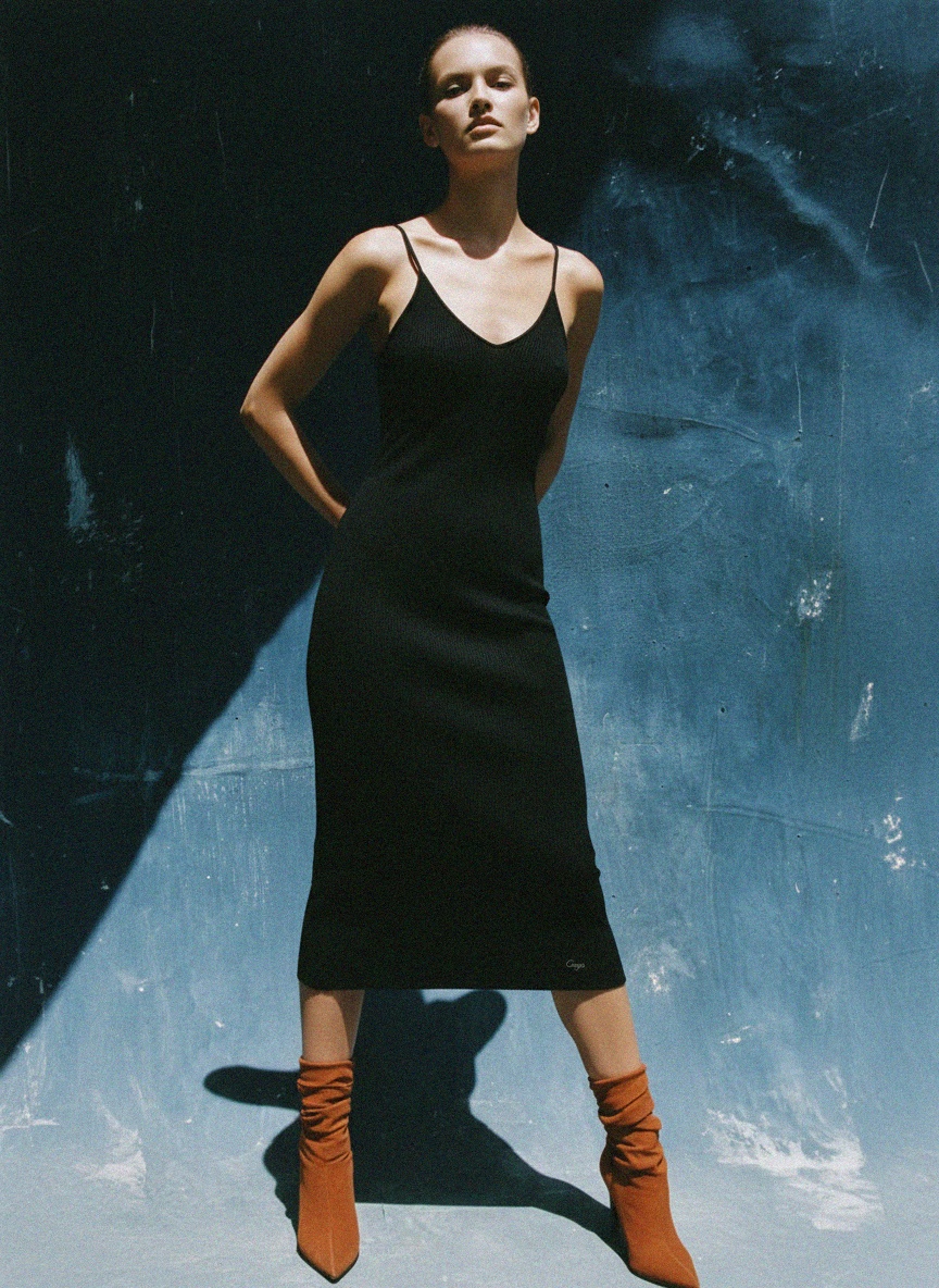 Sleek Ribbed V-Neck Midi Dress - Black photo 3