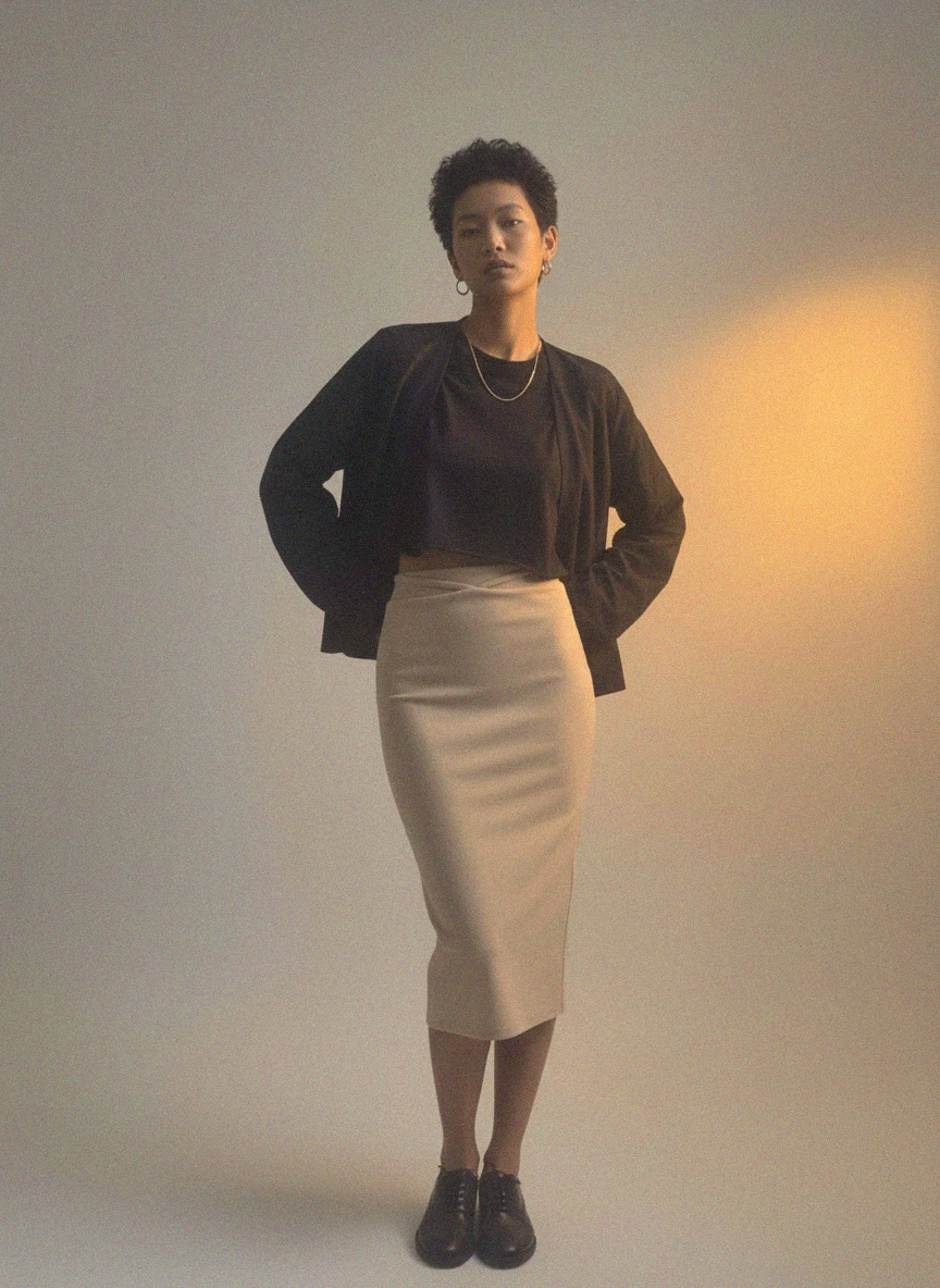 Beige Midi Skirt with Unique Waist Detail photo 5