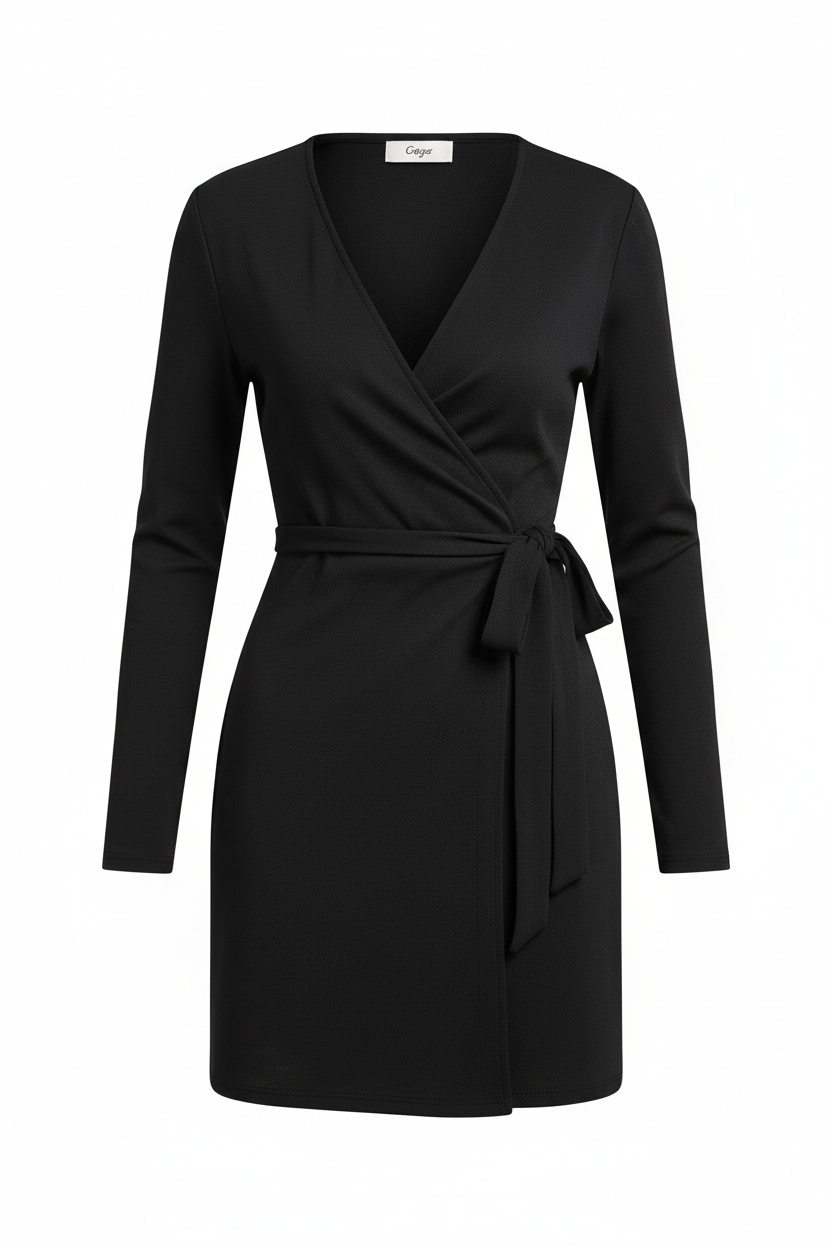 Chic Long Sleeve Black Wrap Mini Dress photo 1
