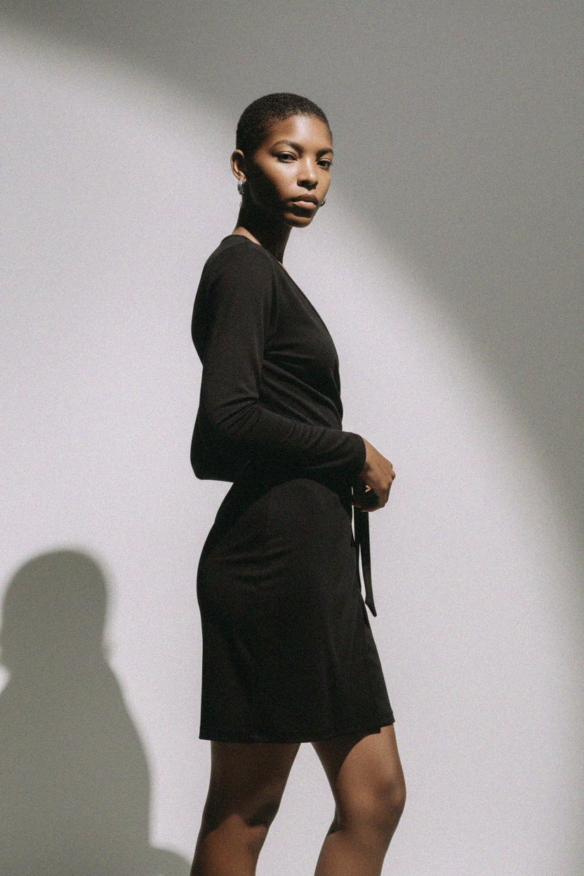 Chic Long Sleeve Black Wrap Mini Dress photo 2