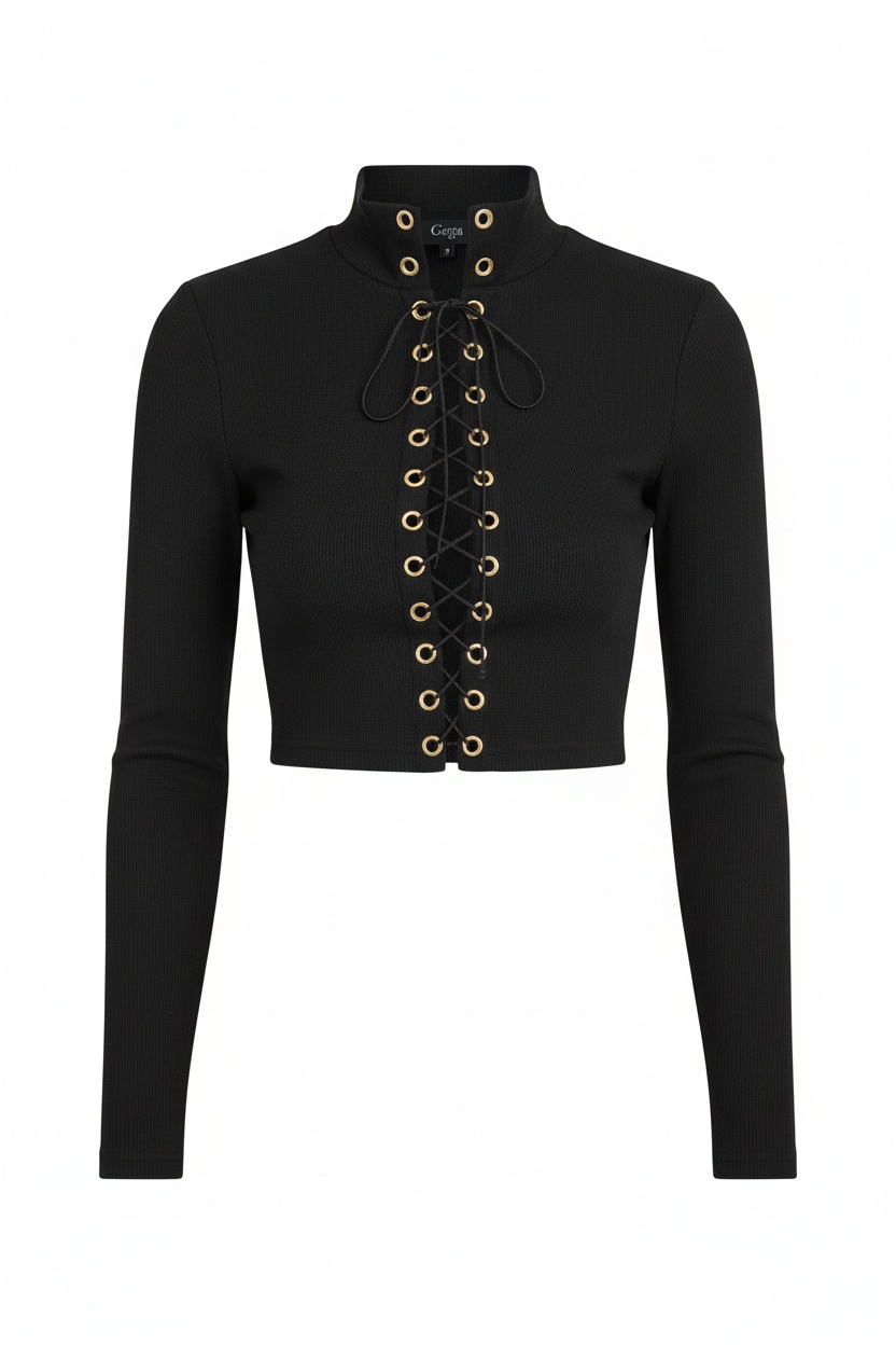 Ribbed Lace-Up Cropped Long Sleeve Top photo 1