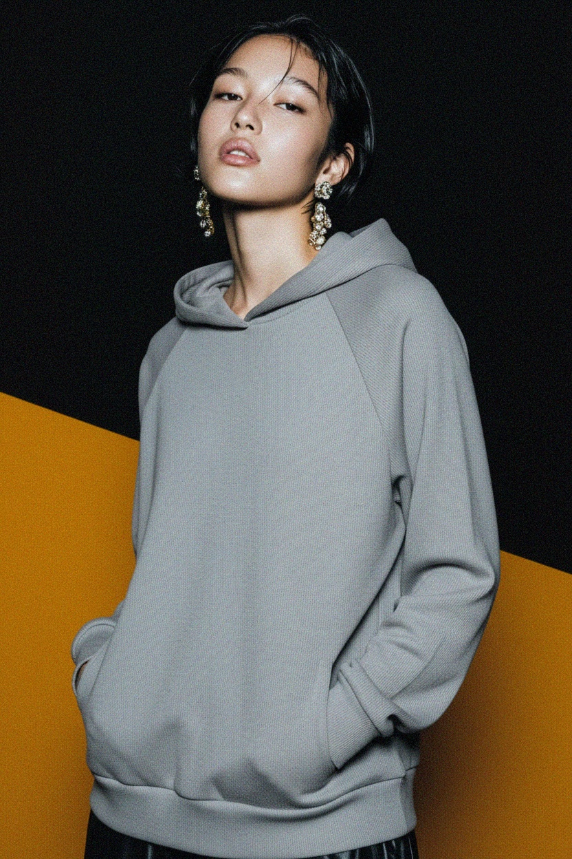 Soft Ribbed Hoodie with Raglan Sleeves - Grey photo 2