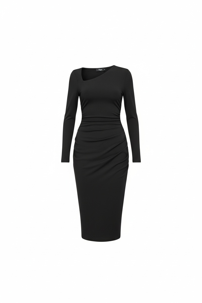 Elegant Black Midi Dress with Asymmetrical Neck photo 1