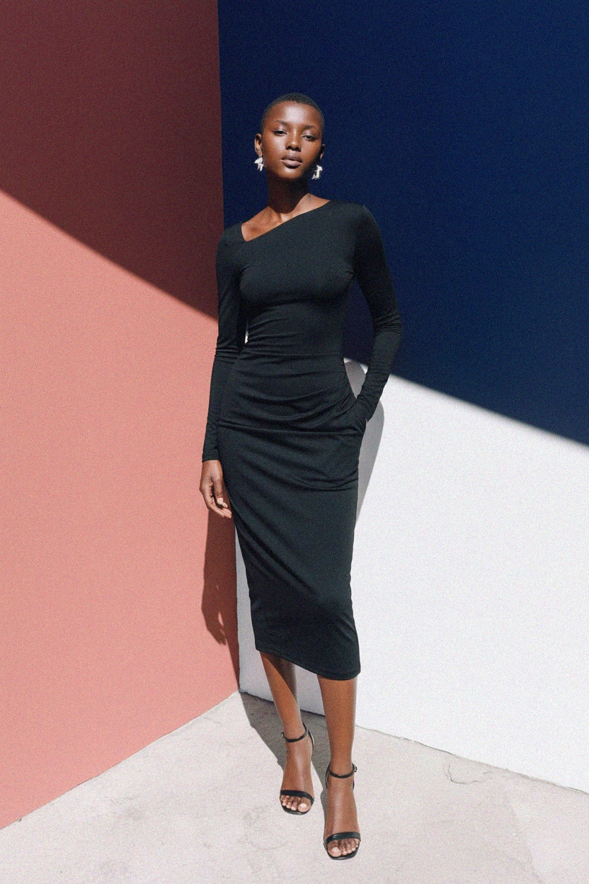 Elegant Black Midi Dress with Asymmetrical Neck photo 3