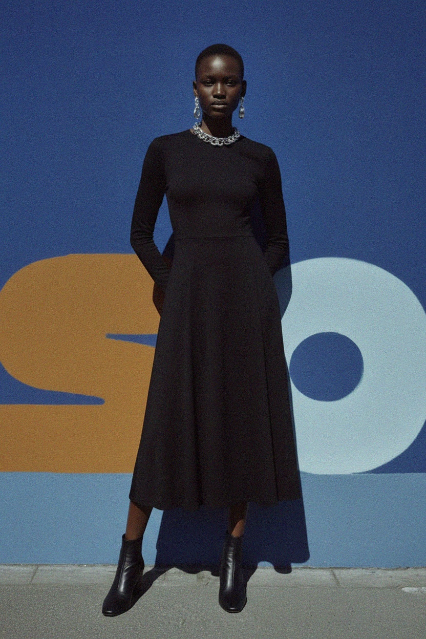 Classic Black Long Sleeve Midi Dress photo 2