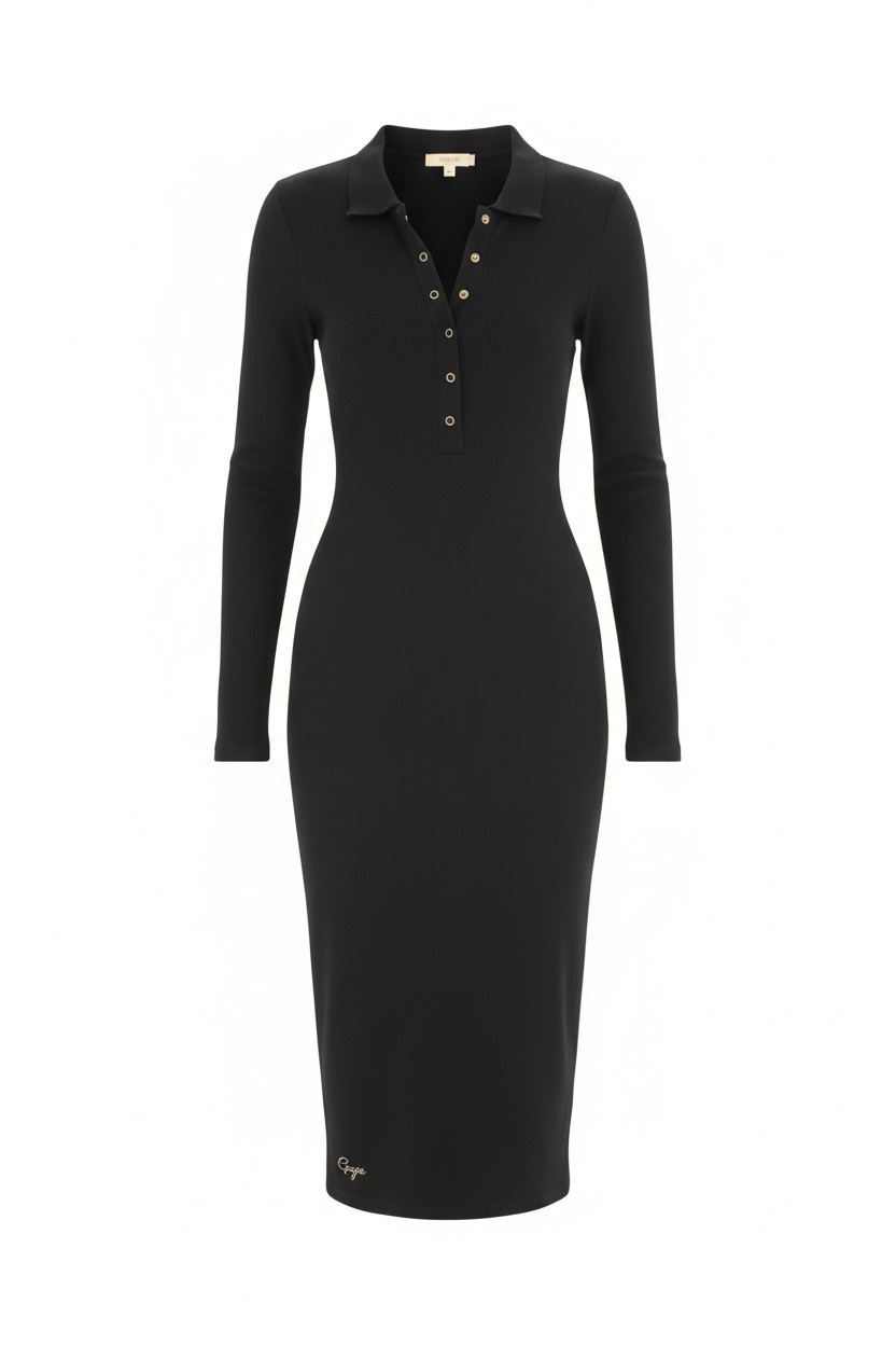 Ribbed Long Sleeve Collared Button-Front Midi Dress photo 1