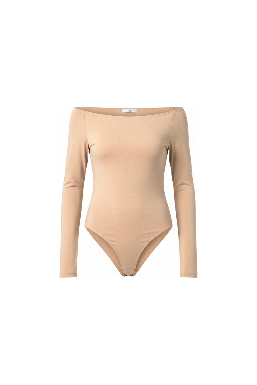 Beige Long Sleeve Off-Shoulder Bodysuit photo 1