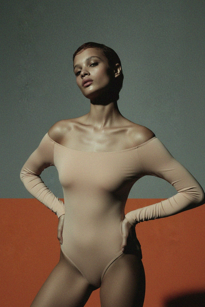 Beige Long Sleeve Off-Shoulder Bodysuit photo 3